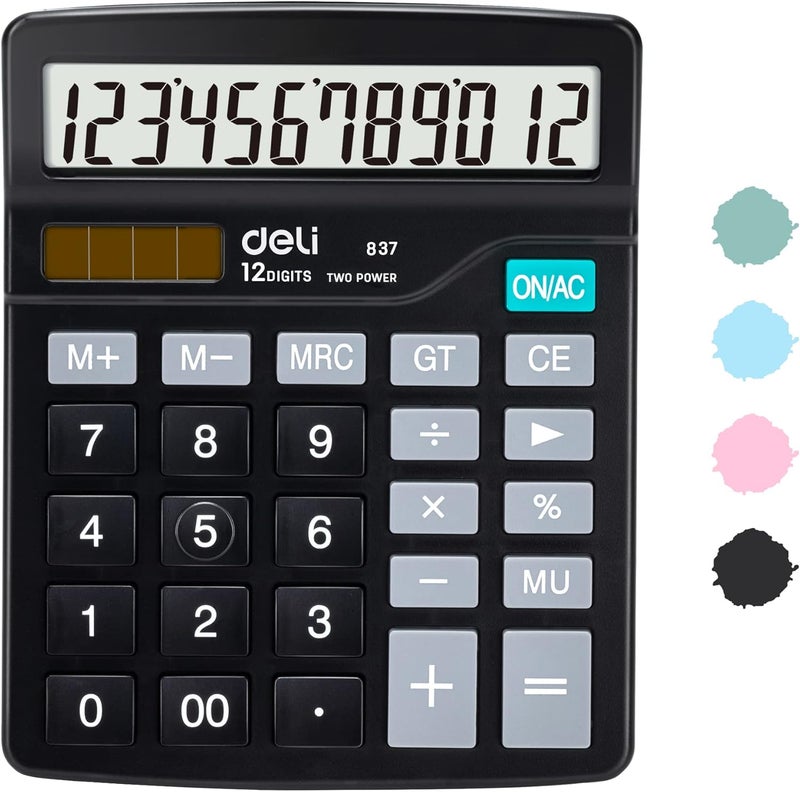 Deli Calculator, Standard Function Desktop Calculators with 12 Digit Large LCD Display and Sensitive Button, Solar Battery Dual Power Office Calculator, Black - Image 1